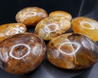 Puede incluir: Una colección de siete piedras lisas, pulidas y de forma ovalada. Las piedras son una mezcla de marrón, naranja y amarillo con una calidad translúcida.