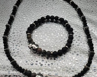 Skull Jewelry Set Modern Mystic UV Reactive Stone Statement Necklace Alternative Fashion Pieces Edgy Accessories Gothic Skull Bracelet