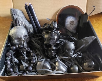 Limited Edition Box Set The Black Crystal Box Halloween Gothic Skull Gift Black Obsidian Shungite Black Tourmaline Witchy Skull Lover