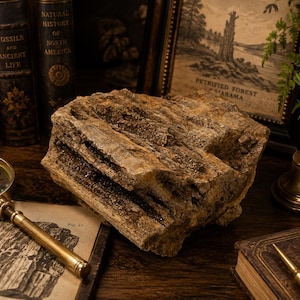 May include: A large, rough-textured piece of petrified wood with visible horizontal grain layers in shades of tan, brown, and dark gray. The specimen displays a jagged, irregular surface with crystalline deposits embedded within the crevices.