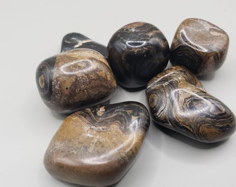 May include: A collection of six tumbled stones with a black and brown banded pattern. The stones are smooth and polished.