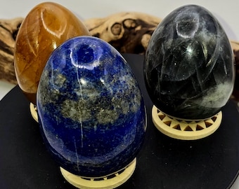Crystal Egg Trio Set with Stands | Labradorite, Lapis Lazuli, Fire Quartz | Intuition & Manifestation Set | Gift Ready Crystal Decor