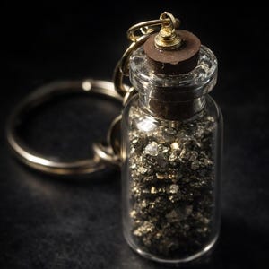 May include: A small, clear glass bottle filled with shiny, golden-colored pyrite stones. The bottle has a cork stopper and is attached to a gold-colored keychain. The background is dark.