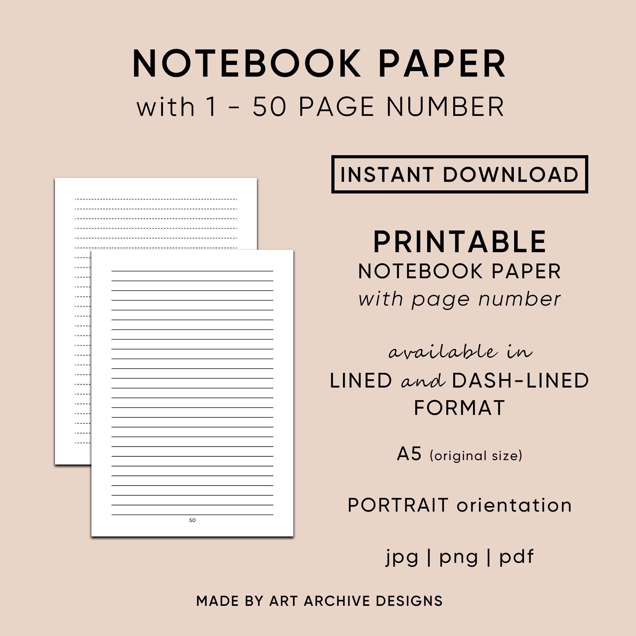 Printable A5 Notebook Paper, Page Number 1-50, Lined Dash-lined Pages ...