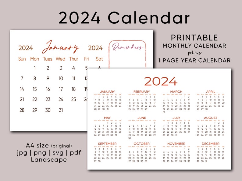 2024 Printable Calendar A4 A5 Monthly Calendar W/ Reminders Section