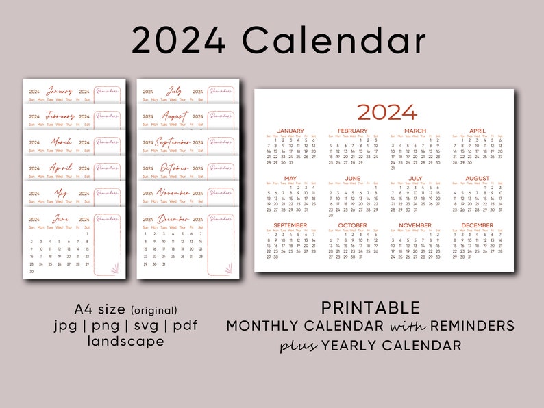 2024 Printable Calendar A4 A5 Monthly Calendar W/ Reminders Section