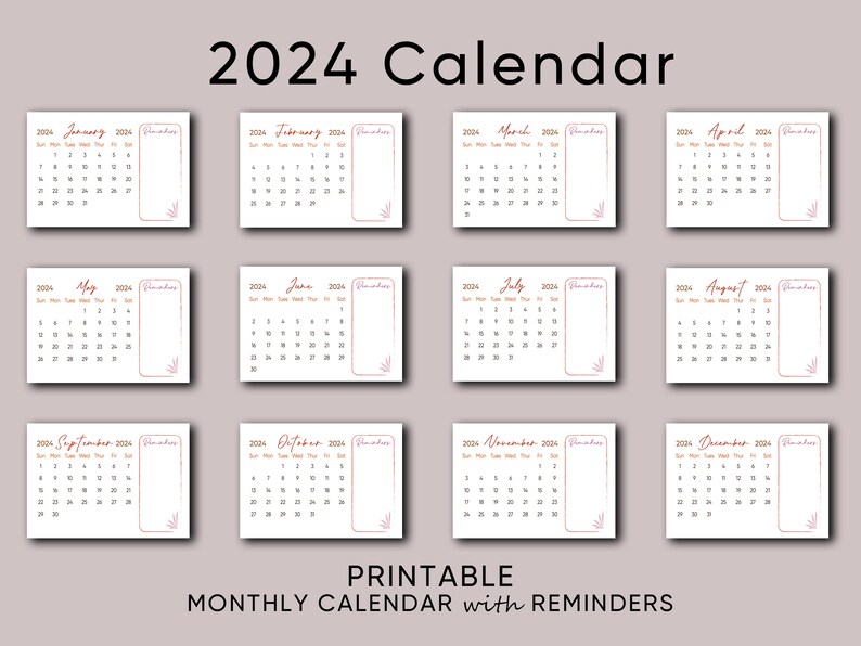 2024 Printable Calendar A4 A5 Monthly Calendar W/ Reminders Section