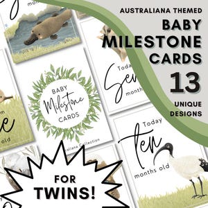 Tarjetas de hitos para gemelos de Australiana / Hitos mensuales para bebés gemelos / Animales australianos bebés