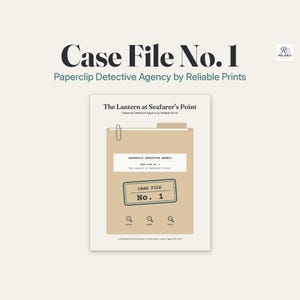 以下が含まれることがあります： Case File No. 1 Paperclip Detective Agency by Reliable Printsと書かれたベージュのファイルフォルダーのグラフィック。デザインには、ペーパークリップ、Case File No. 1と書かれたスタンプ、Junior、Agent、Chiefとラベル付けされた3つの虫眼鏡アイコンが含まれています。
