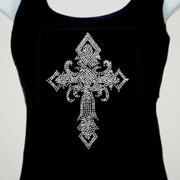 Women's tank top rhinestones Iron on   "Clear BIG CROSS BLING"