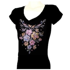 Women&#39;s T-shirts rhinestones Iron on &quot; Colorful Big flower&quot;