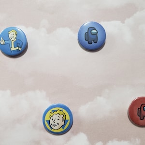 Miscellaneous 1 Inch Gaming Pins Inspired By: Fallout 4, Fallout Shelter, and Among Us
