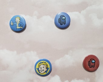 Miscellaneous 1 Inch Gaming Pins Inspired By: Fallout 4, Fallout Shelter, and Among Us