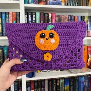 Crochet Pumpkin Book Sleeve Handmade Purple Halloween Cotton Envelope Book Cover image 1