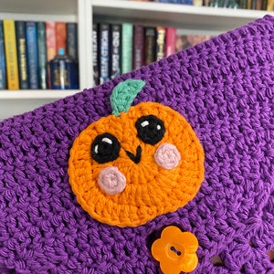 Crochet Pumpkin Book Sleeve Handmade Purple Halloween Cotton Envelope Book Cover image 2