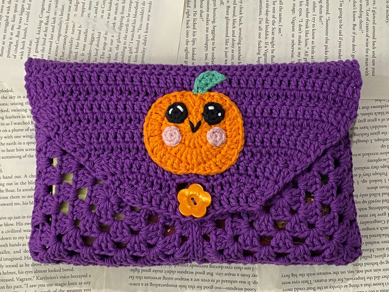 Crochet Pumpkin Book Sleeve Handmade Purple Halloween Cotton Envelope Book Cover image 4