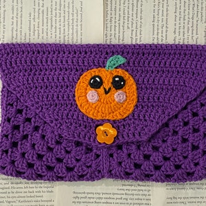 Crochet Pumpkin Book Sleeve Handmade Purple Halloween Cotton Envelope Book Cover image 3