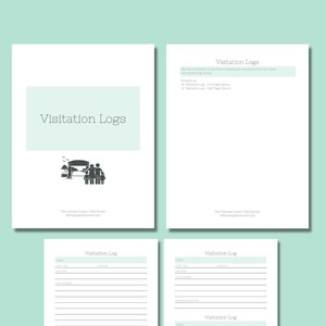 Könnte beinhalten: Ein druckbares PDF-Dokument für einen Pflegekinderordner mit dem Titel "Besuchsjournale" und dem Text "The Ultimate Foster Child Binder ©WeepingWintersStudio". Das Dokument enthält eine Seite mit einer Grafik einer Familie, die ein Kind in einer Pflegefamilie besucht.
