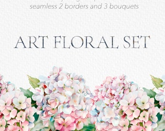 Clipart aquarel hortensia: bloemenranden en boeketten (digitale download)