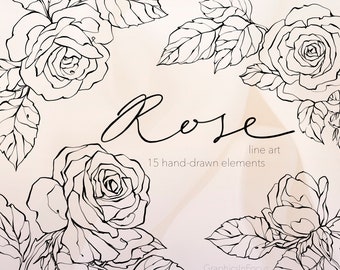 Clipart de arte lineal de rosas: Diseños florales dibujados a mano (Descarga digital PNG)