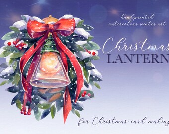 Clipart navideño de acuarela: linterna, corona y lazos rojos (PNG, JPG)