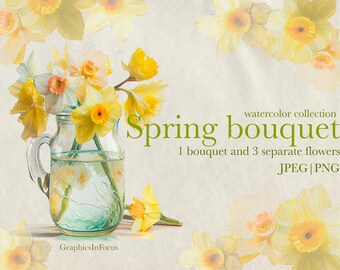 Watercolor Daffodil Clipart: Spring Flower Bouquet (PNG, JPEG)