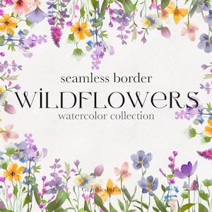 Wildflowers border , seamless border , watercolor flowers clipart , summer flowers , wildflowers clipart  , commercial use up 100 pieces