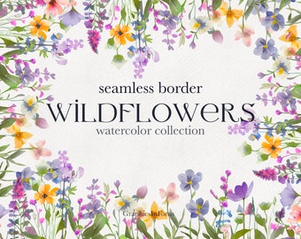 Borde de flores silvestres, borde sin costuras, clipart de flores de acuarela, flores de verano, clipart de flores silvestres, uso comercial hasta 100 piezas