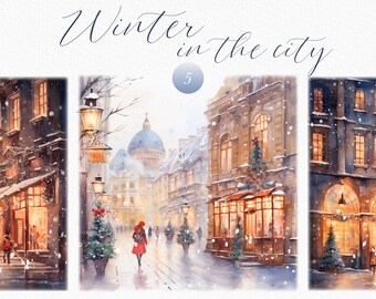 Christmas City Watercolor Clipart: Winter Town PNG Images (Digital Download)