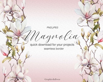 Magnolia borde sin costuras vertical u horizontal, imágenes prediseñadas de Magnolia, imagen de alta calidad, descarga digital, uso comercial hasta 100 piezas