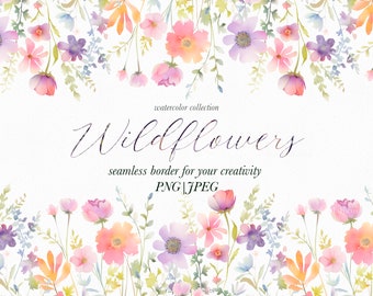 Borde de flores silvestres en acuarela: Clipart floral sin costuras (descarga digital)