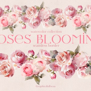 Watercolor Pink Roses Seamless Border Clipart (PNG Digital Download)