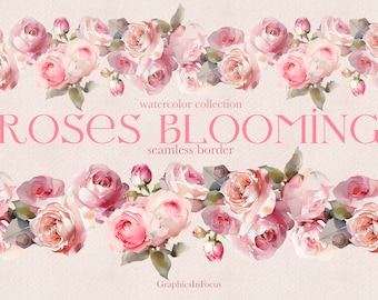 Watercolor Pink Roses Seamless Border Clipart (PNG Digital Download)