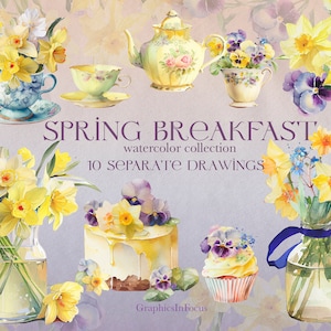 May include: Watercolor illustrations of a spring breakfast theme.  The illustrations include a teapot, teacups, a cake, a cupcake, and bouquets of yellow daffodils and purple pansies.  The text "SPRING BREAKFAST watercolor collection 10 SEPARATE DRAWINGS" is included in the image.