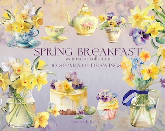 Daffodil Watercolor Clipart: Spring Garden Tea PNG (Commercial Use)