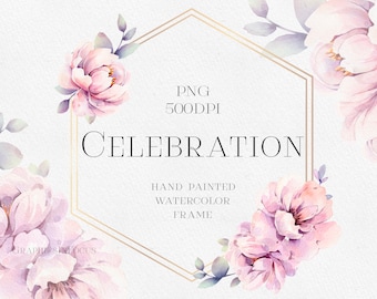 Watercolor Peonies Clipart: Floral Frame, Wedding Invitation Design (PNG)