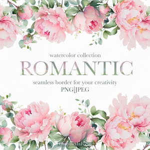Pfingstrose , Nahtlose Blumen Grenze , Aquarell Blumen Clipart , Pfingstrose Clipart , Digital download , Kommerzielle Nutzung bis 100 Stück