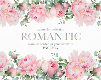 Watercolor Peony Border Clipart: Seamless Flower Design (Digital Download)