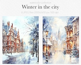 Winter Cityscape Watercolor Clipart: Christmas Town Scene (Digital Download)