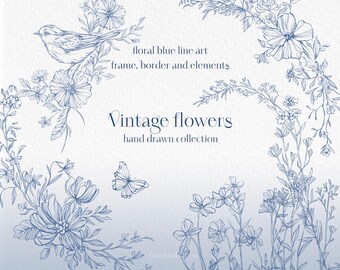 Blue Chinoiserie Flowers Clipart: Hand-Drawn Line Art (Digital Download)