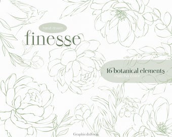 Hand Drawn Flower Clipart: Peonies, Roses, Matcha Green (PNG Digital Download)