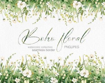Wildflower Seamless Border Clipart: Botanical PNG JPEG (Digital Download)