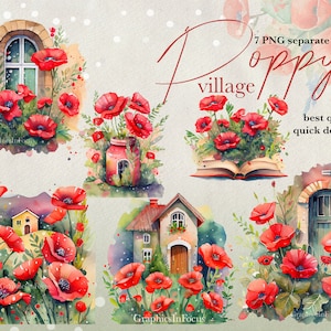 clipart village coquelicot , clipart aquarelle , clipart coquelicots , clipart village , clipart d’été , clipart fleurs rouges , clipart portes clipart