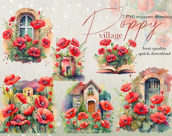 Clipart de un pueblo de amapolas en acuarela: flores rojas de verano (descarga digital)