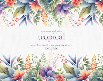 Watercolor Tropical Flower Border Clipart: Seamless Party Design (PNG, JPEG)