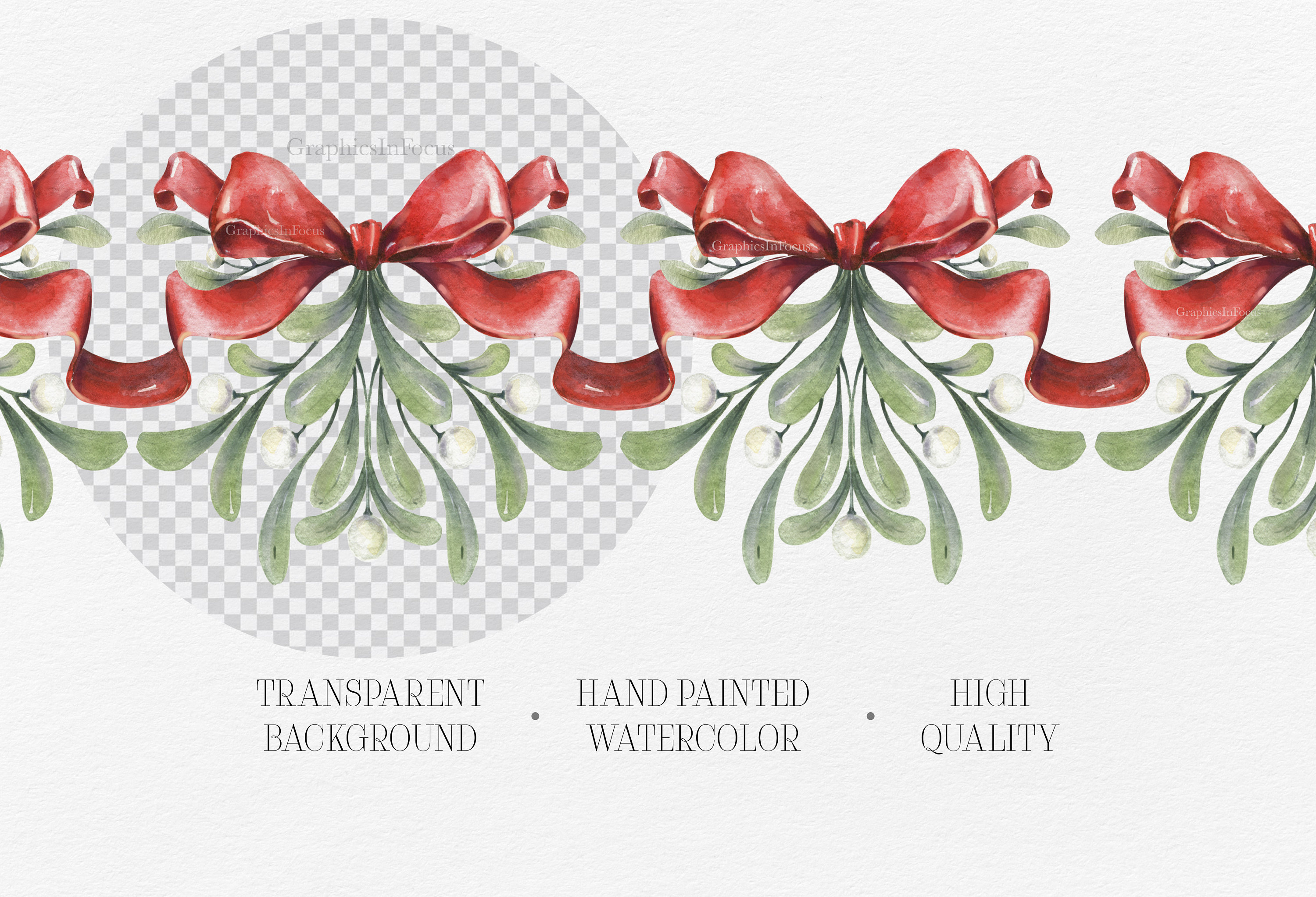 Christmas Mistletoe Border Clipart: Watercolor Red Bows (PNG Digital ...