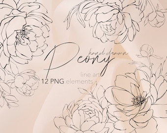 Peony Clipart: Hand-Drawn Line Art, Black & White (Digital Download)