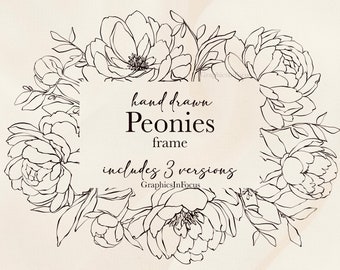 Peonies Frame Clipart: Line Art Floral Design (PNG, JPEG)