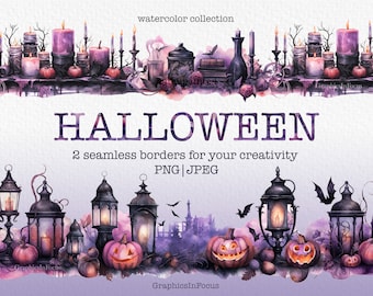 Clipart de bordes de Halloween en acuarela: linternas y calabazas sin costuras (descarga digital)