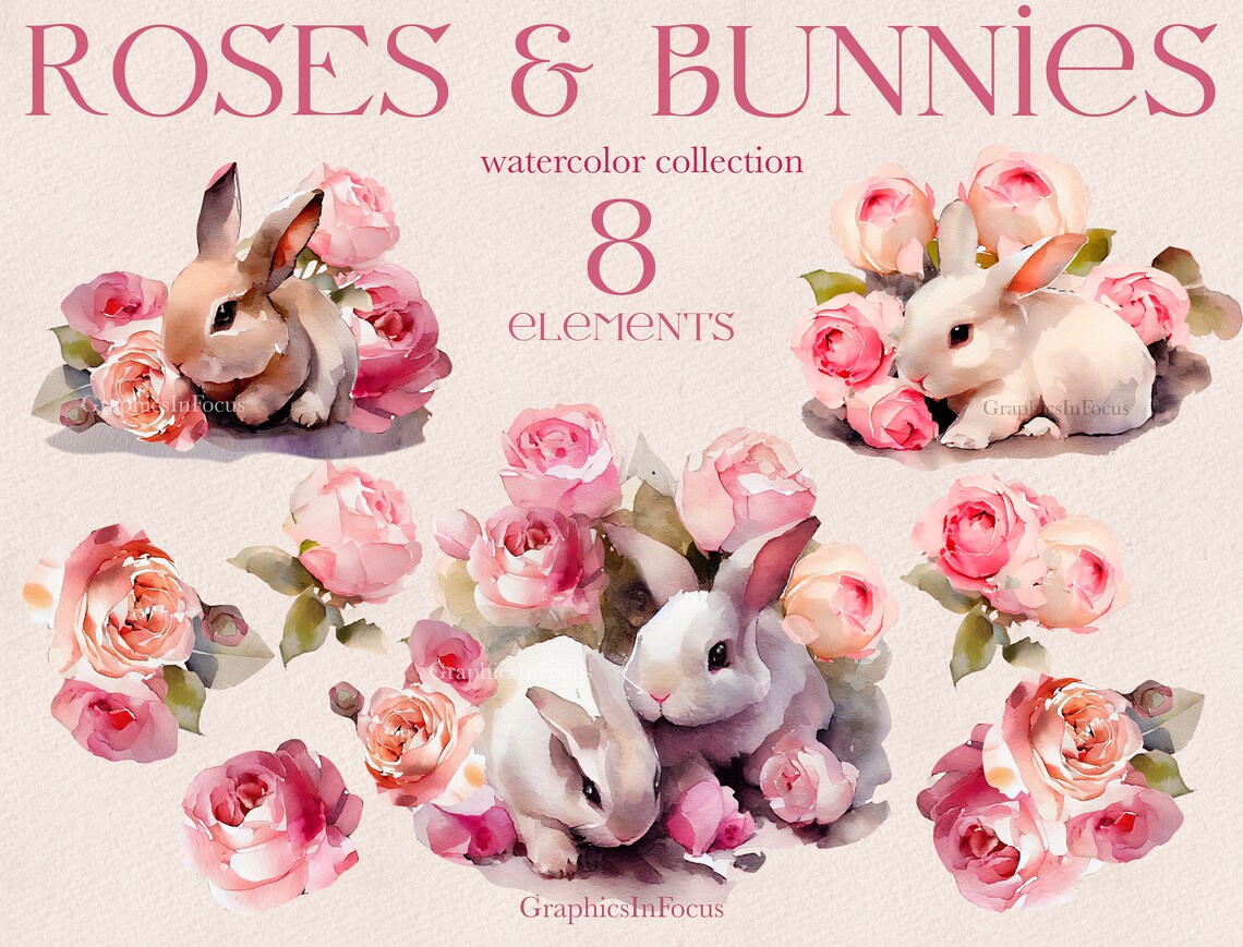 Roses and Bunnies Clipart Pink Roses Clipart Bunny Clipart - Etsy